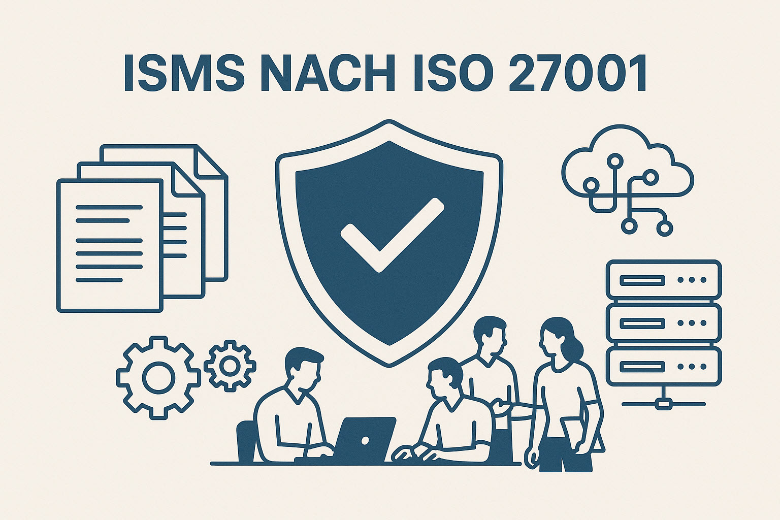 Grafische Darstellung eines ISMS nach ISO 27001 mit Symbolen für Schutzschild, Dokumente, Cloud, Server und Teamarbeit