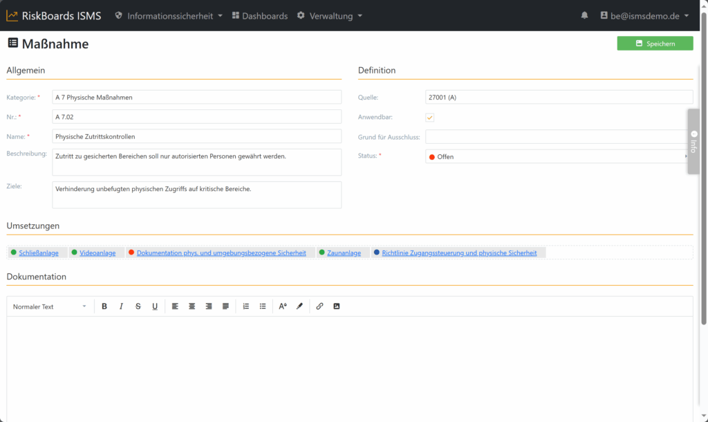 Bearbeitung einer Maßnahme, mit Beschreibung, Anwendbarkeitsdefinition, Status der Umsetzung und die zugeordneten Umsetzungen. Detailansicht der Maßnahme mit der Anwendbarkeit, dem Umsetzungsstatus und den zugeordneten Umsetzungen.