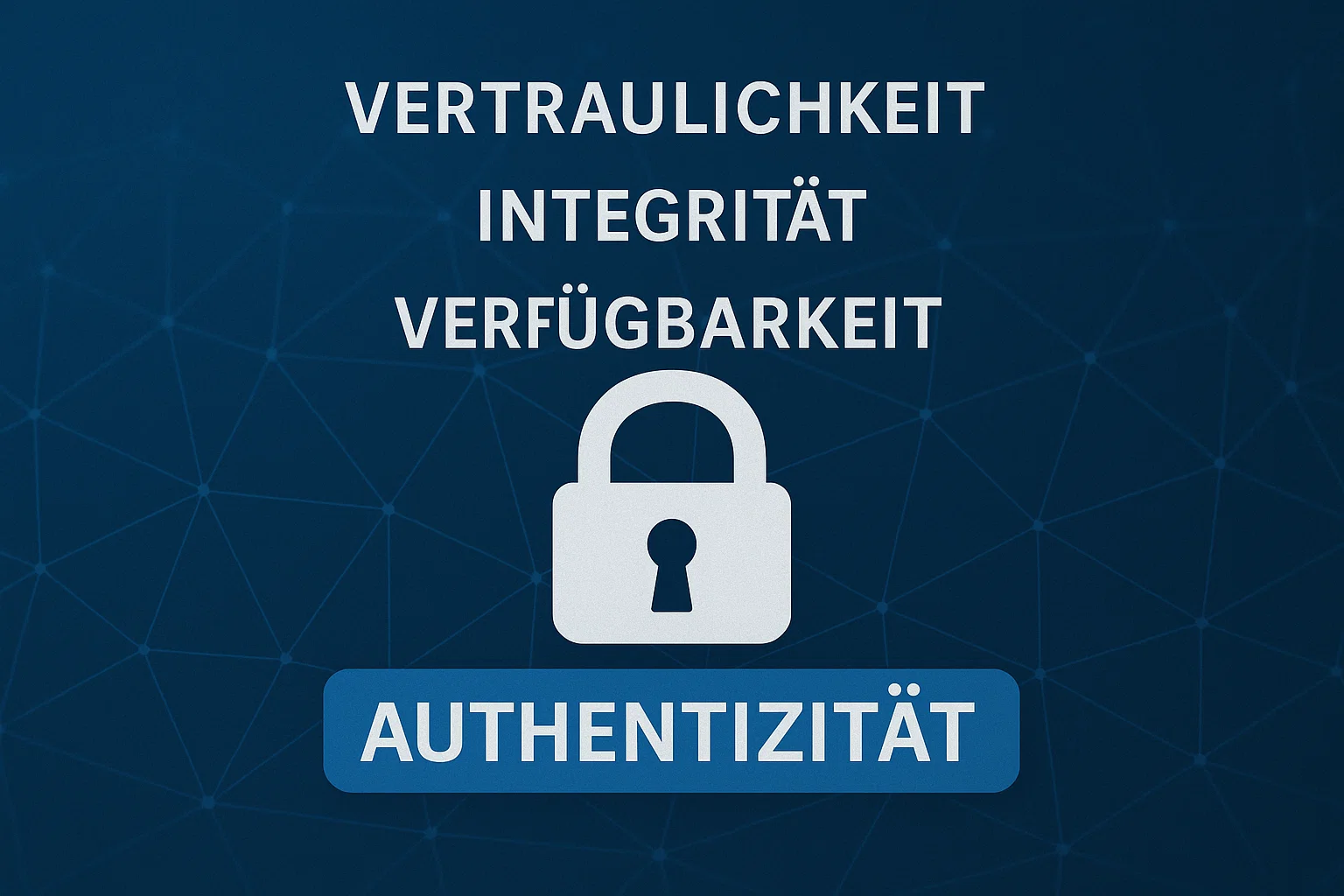 Schaubild der ISMS-Schutzziele Vertraulichkeit, Integrität, Verfügbarkeit und Authentizität mit Vorhängeschloss-Symbol