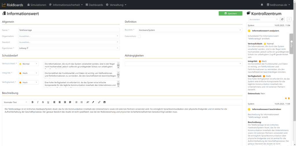 Schutzbedarfsbewertung per KI in RiskBoards ISMS-Software Assistent zur Schutzbedarfsbewertung in einer ISMS-Software mit KI-Unterstützung, Beispiel für eine Telefonanlage