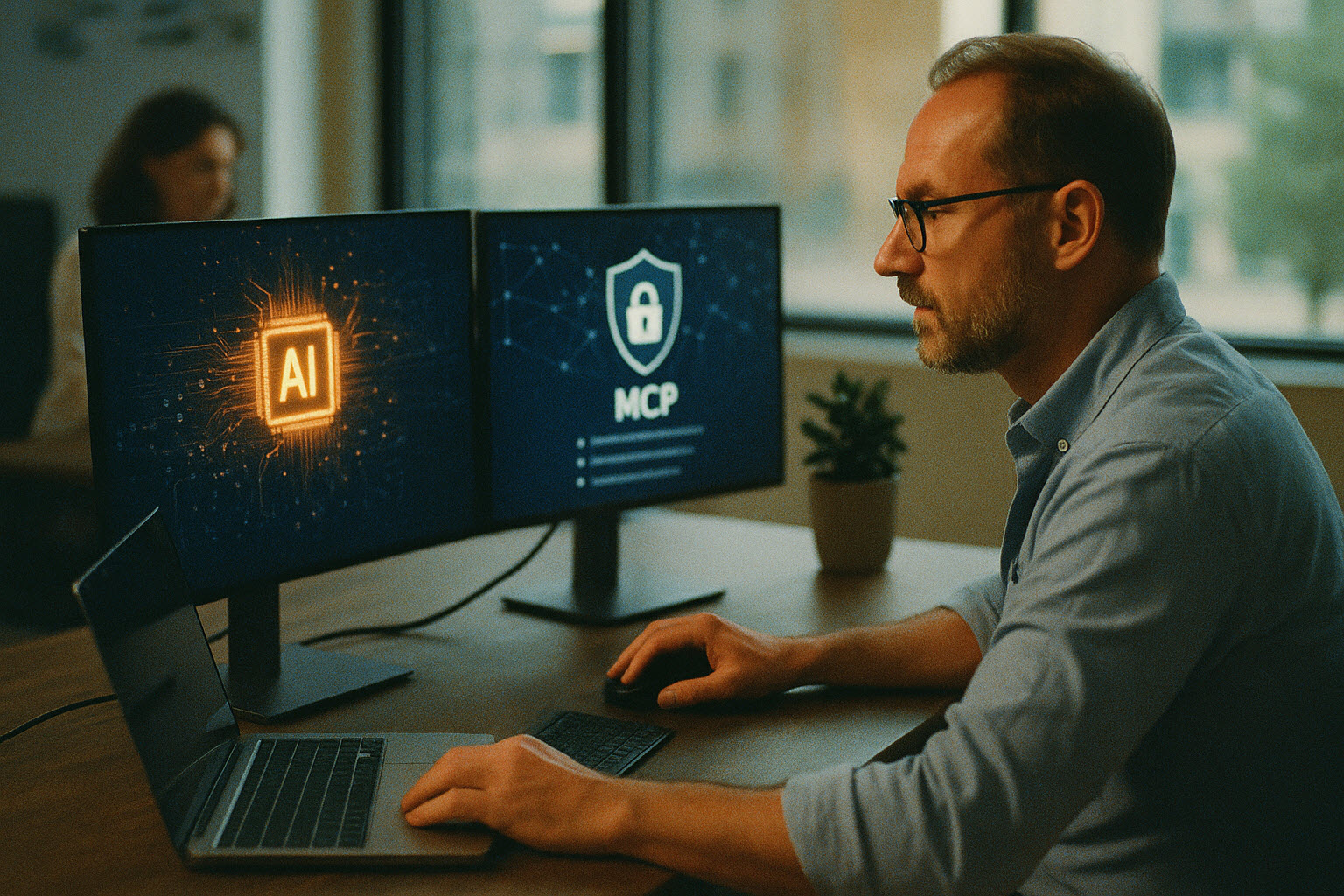 Mitarbeiter arbeitet an einem KI-gestützten ISMS-System mit Fokus auf AI und MCP-Server